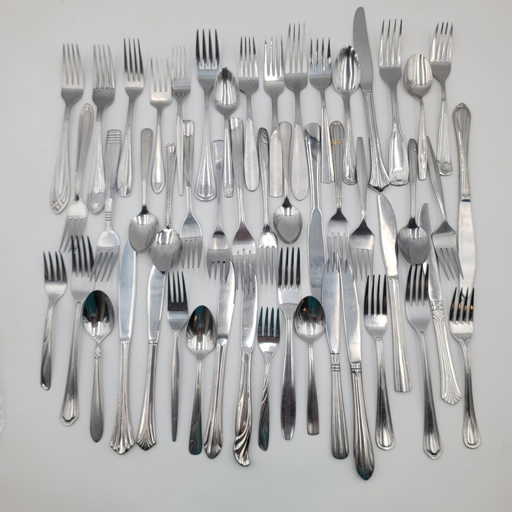 50pc Mixed Mismatched Stainless Flatware Lot Forks Spoons Knives Silverware
